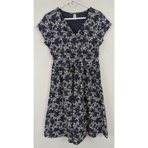 Pact sz XL Faux Wrap Fit & Flare Dress knit organic cotton blue floral ss 1288